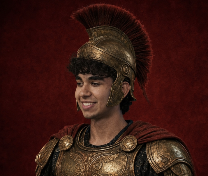 Ashwath Ram, founder of Classical Sports for Kids, wearing ornate golden Greek gladiator armor and a plumed helmet