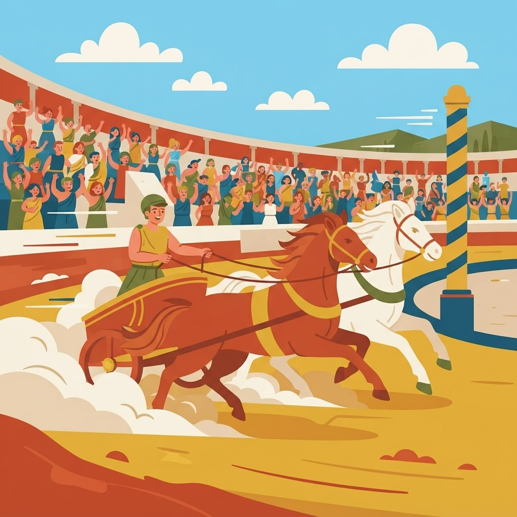 Illustration of a Roman charioteer racing two galloping horses in the Circus Maximus