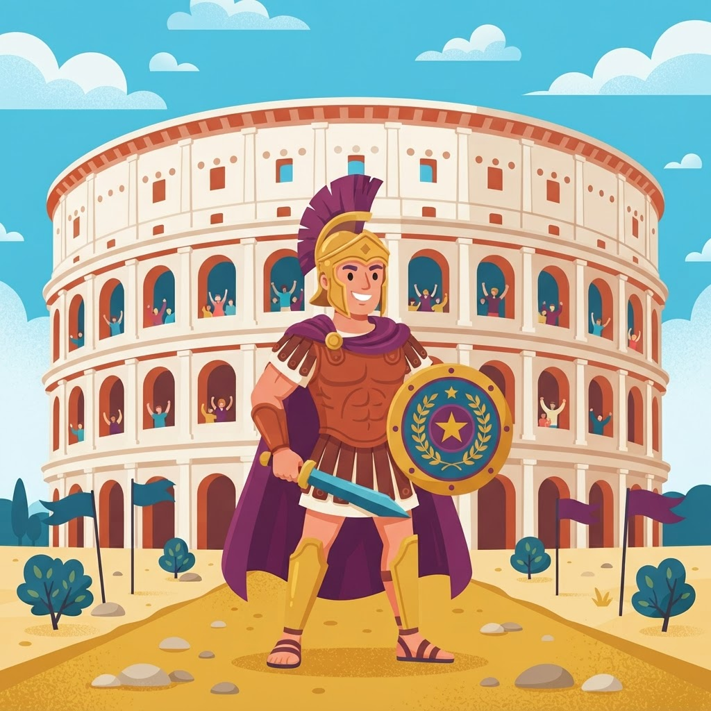 Illustration of a Roman gladiator with a plumed helmet and shield in front of the Colosseum