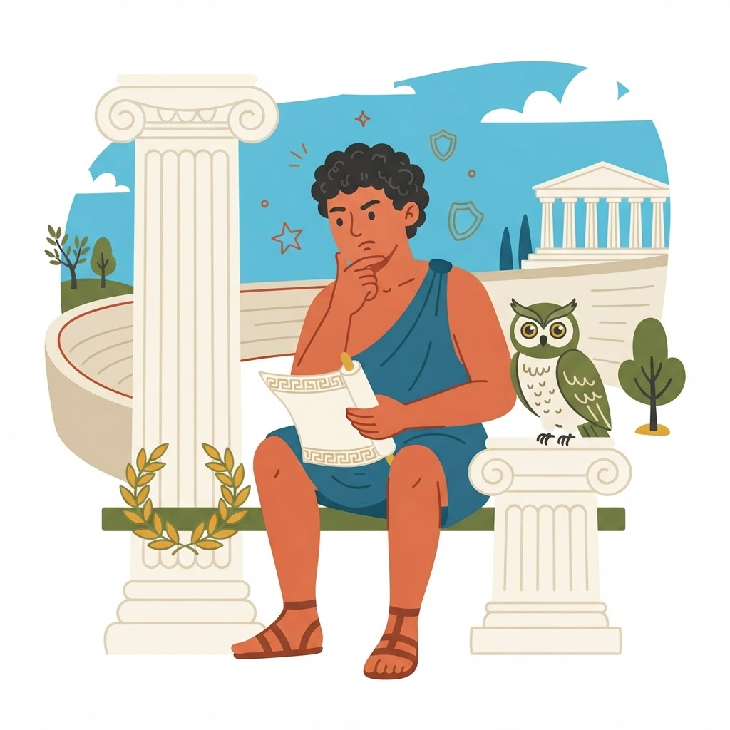 Illustration of a thoughtful ancient Greek athlete with the owl of Athena and a laurel wreath