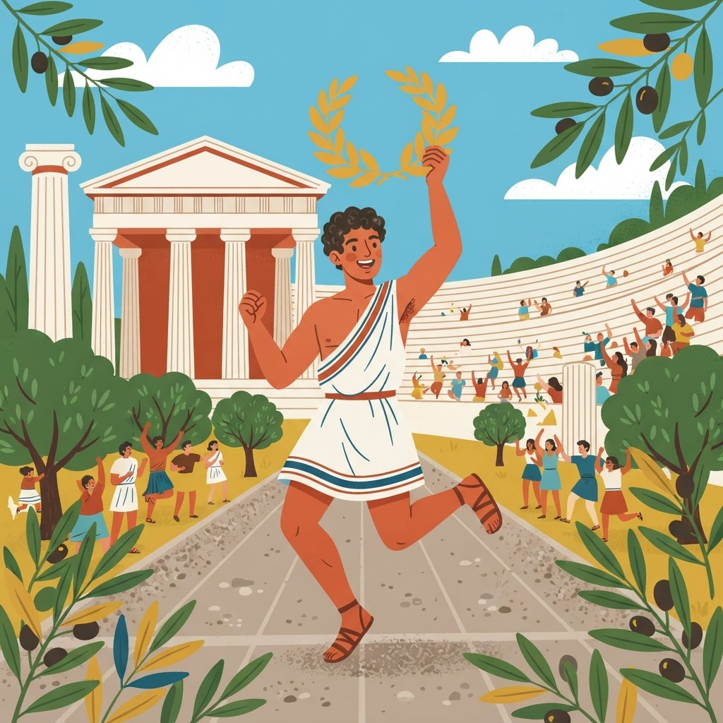 Illustration of a victorious ancient Greek Olympic runner wearing a golden laurel crown