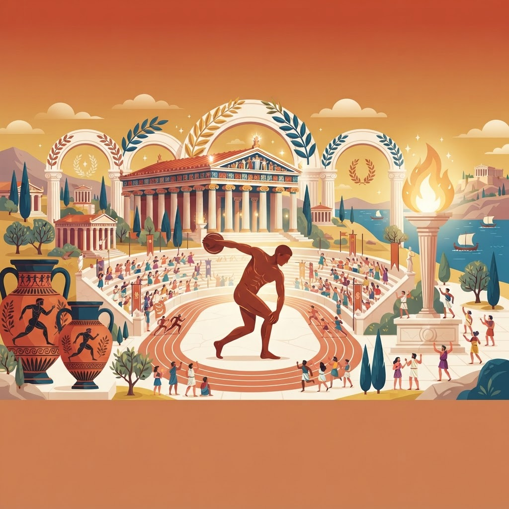 Illustrated ancient Greek and Roman stadium with marble columns, a discus thrower, laurel wreaths and a glowing Olympic torch