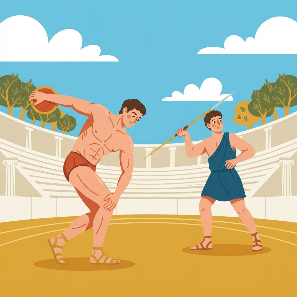 Illustration of an ancient discus thrower and javelin thrower in a marble stadium