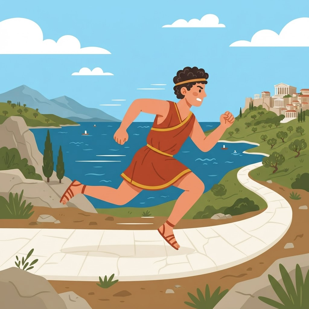 Illustration of the Greek messenger Pheidippides running from Marathon to Athens