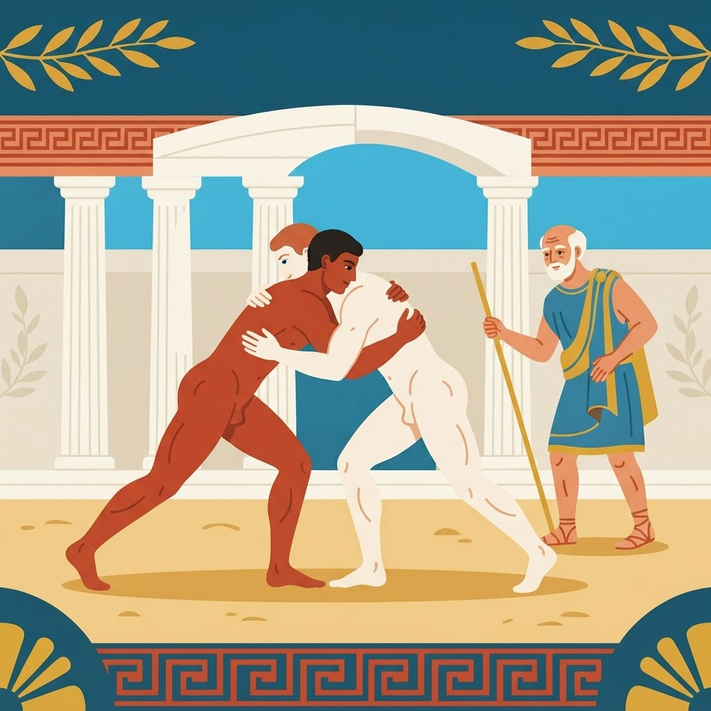 Illustration of two ancient Greek athletes wrestling in a palaestra