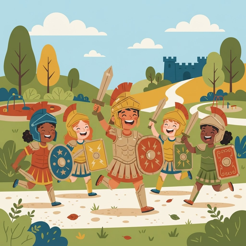 Kids wearing homemade cardboard Roman soldier armor and helmets, smiling