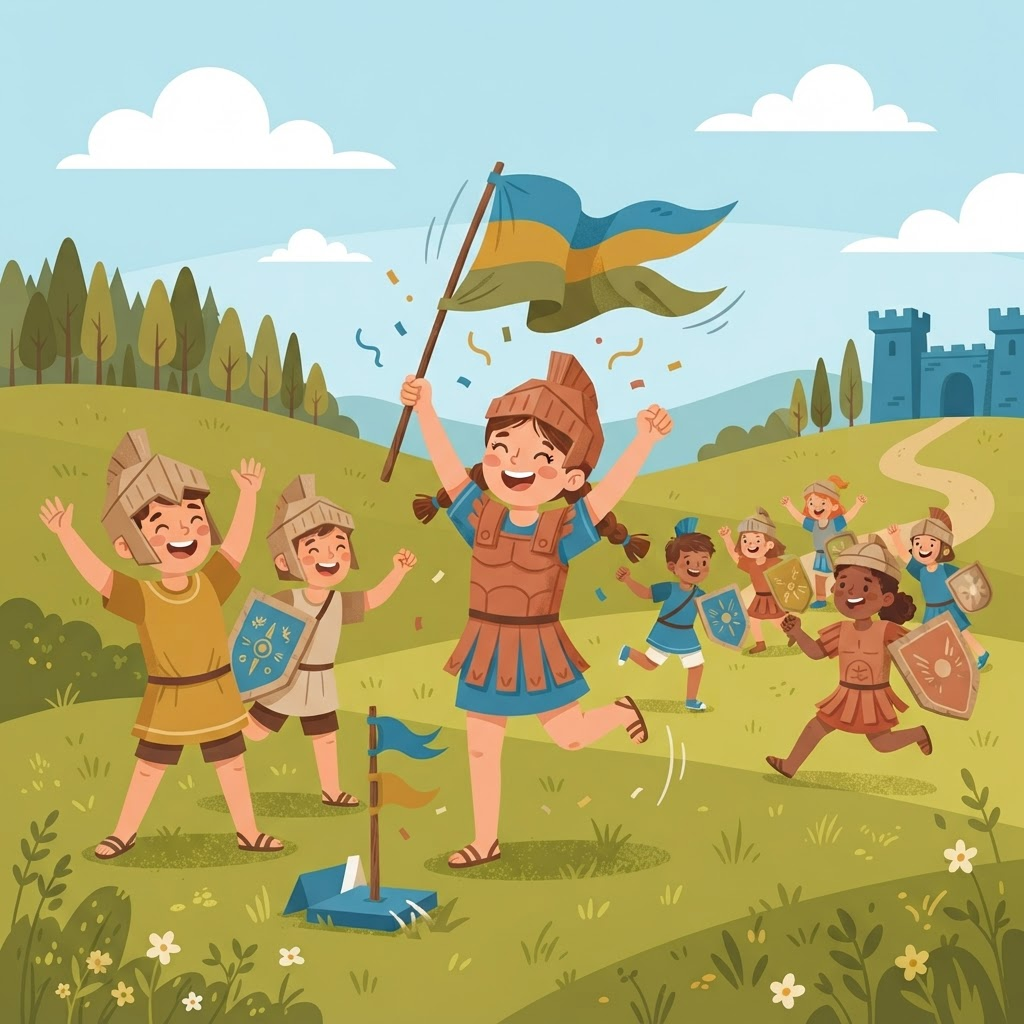Children playing capture the flag dressed as ancient soldiers, one grabbing a flag