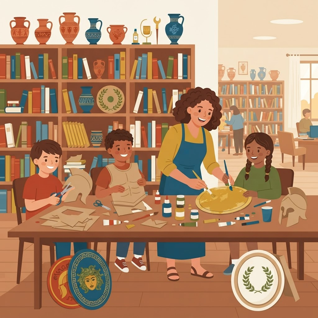 Children crafting cardboard shields and armor at a library workshop